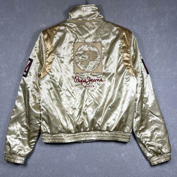 VTG Pepe Jeans London Bomber Varsity Jacket Reversible Gold Satin Women’s LARGE - Picture 9 of 15